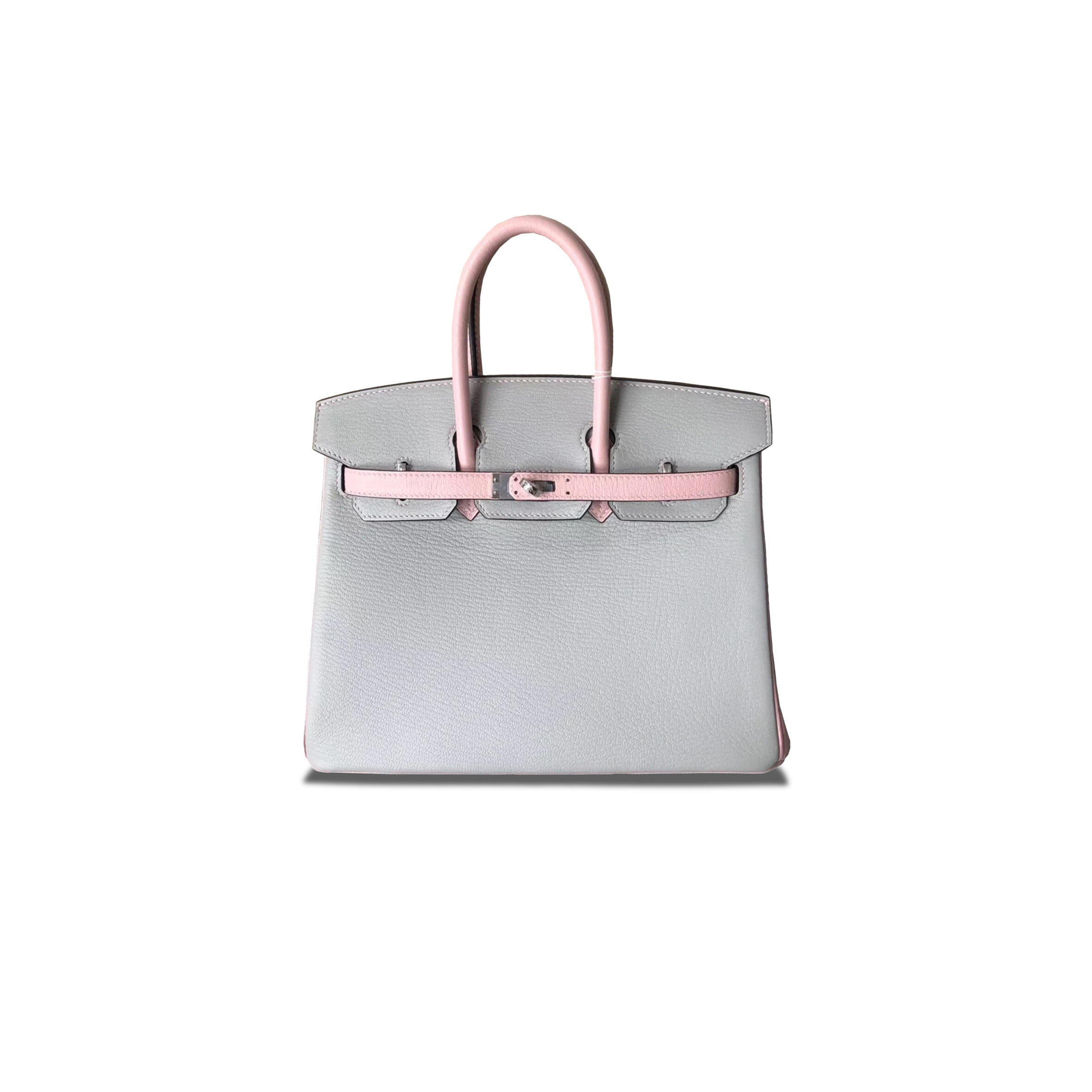 H**me5 BIRKIN 25 CHEVRE LEATHER PEARL GREY AND CHERRY BLOSSOM PINK SILVER BUCKLE BAG H028361CC73 (25*20*13cm) Master Quality
